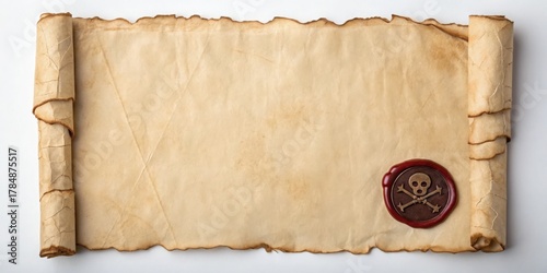 Pirate Old parchment scroll with a wax seal featuring a skull design, suggesting treasure maps or pirate themes.