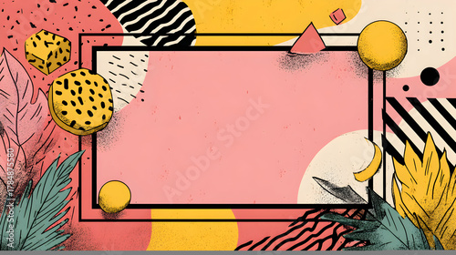 Abstract Memphis Style Background with Geometric Shapes and Tropical Leaves.