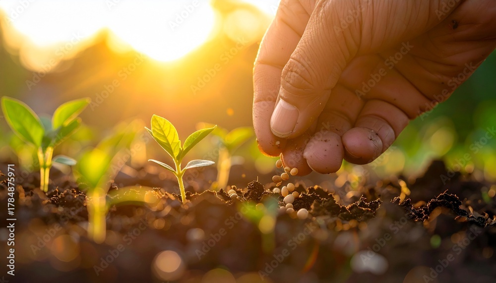 Fototapeta premium Hand planting seeds in soil with sunlight and young sprouts symbolizing growth, agriculture, and sustainability.