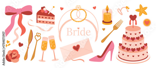 Bachelorette Party Icons Set – Retro Cartoon Girls Night Elements with Bride Dress, Cake, Champagne Glasses, Disco Ball, Fun Bridal Shower Vector Illustration