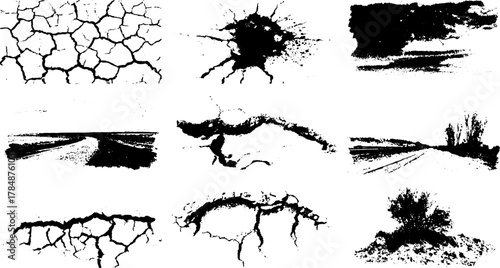 Illustrations of engravings and vintage line drawings showcase abstract landscapes with cracks. A unique vector set of textures and patterns.