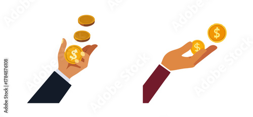 Hands with Coins is a financial illustration of investing, earning, and exchanging with coins