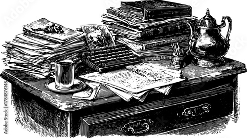 Cluttered office desk with papers, typewriter, and coffee cup. Vintage wooden desk set with books and a teapot in a detailed vector illustration.