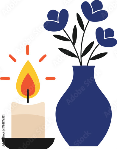 A 2D flat illustration of a lit candle and a blue vase with flowers celebrating World Candle Day against a clean white background with a simple and symbolic composition.