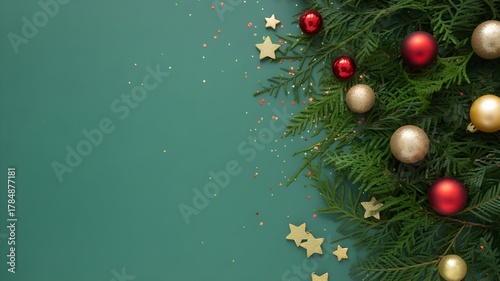 Festive Evergreen Branches with Red and Gold Christmas Ornaments on Teal