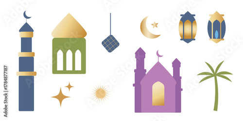 Ramadan element pack for greeting eid web design. Mosque, moon, star, lantern, shape, golden. Vector illustration