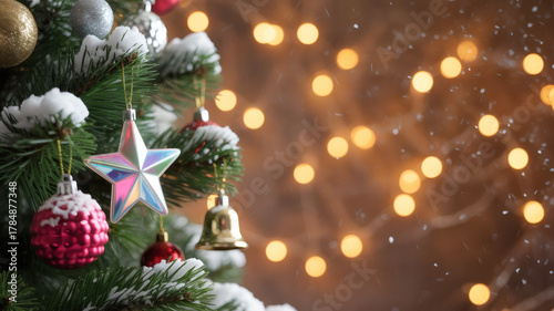 Decorated Christmas Tree with Snow and Bokeh Lights Background
