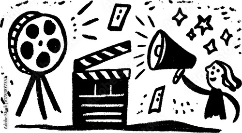 Film clapperboard and megaphone held by a girl. Hand-drawn black and white illustration of movie elements in a vector set for entertainment.