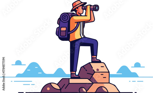 A cartoon illustration of a hiker with a backpack and hat, standing on a rock, looking through binoculars at a distant landscape.