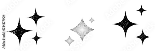 Stylized vector set of nine minimalist sparkle icons in black, gray, and gradient tones. Each twinkle shape features a clean, symmetrical design