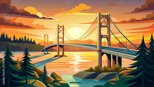 Very beautiful sunset view of the Mackinac Bridge spanning the Straits of Mackinac between Michigan’s upper and lower peninsulas, featuring strong leading lines, warm golden light, calm water reflecti