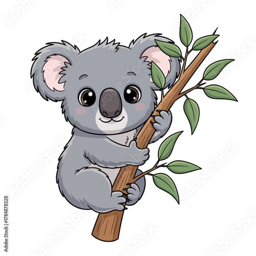A baby koala clinging to a eucalyptus branch