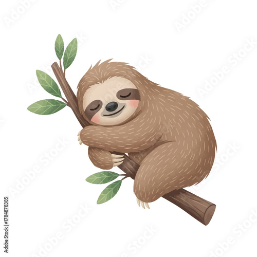 A sleepy sloth hugging a branch with leaves