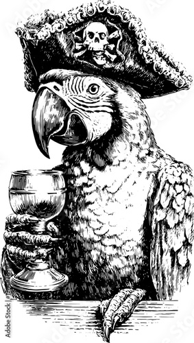 Parrot pirate character in vintage style. Detailed black and white vector illustration featuring a wineglass and a skull hat.