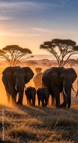 Herd of african elephants walking through savanna grassland at sunset