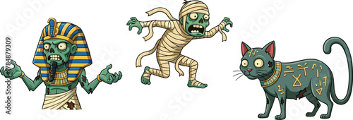 Cartoon Egyptian mummy zombie pharaoh cat, ancient Egypt undead characters, Halloween fantasy illustration, spooky mythology artwork, funny horror design