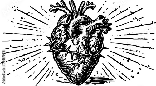 Heart illustration in vintage style. Detailed black and white graphic with thorns, perfect for any medical vector set.