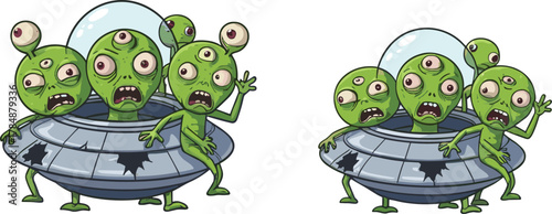 Cartoon green aliens in damaged UFOs, funny extraterrestrial characters, crash landing illustration, sci‑fi fantasy artwork, humorous outer space design
