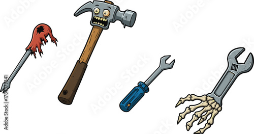 Cartoon horror tools, spooky screwdriver with fleshy handle, creepy hammer monster face, scary skeleton wrench, Halloween fantasy illustration, undead tool artwork