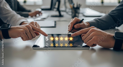 Team reviewing customer feedback and star ratings on a tablet device