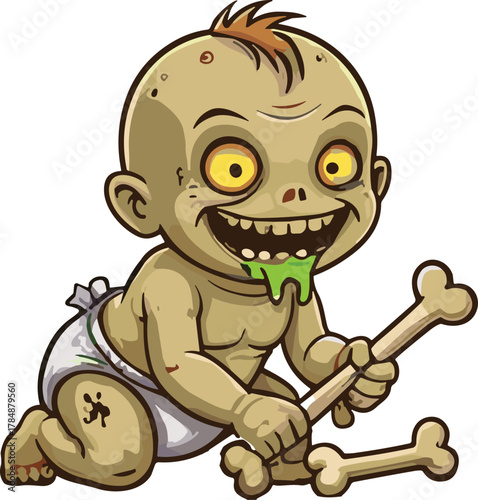 Zombie baby cartoon, horror infant illustration, green undead child, diaper monster, creepy toddler with bones, funny spooky character, Halloween art