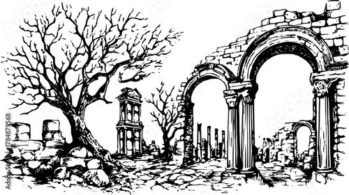 Illustration of vintage architecture ruins featuring a tree and rocks. Detailed outline drawing representing an ancient landscape vector illustration.