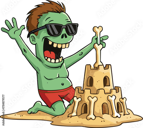 Zombie beach fun, cartoon undead character, sandcastle builder monster, spooky summer scene, sunglasses zombie art, humorous horror illustration, Halloween beach parody