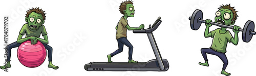 Zombie fitness cartoon, undead gym characters, treadmill monster, exercise ball zombie, weightlifting horror art, funny workout scene, Halloween parody illustration