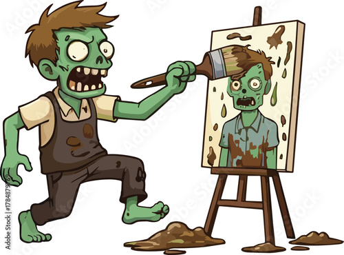 Zombie painting self-portrait, cartoon undead artist, humorous horror illustration, green monster with brush, messy canvas, creative undead, quirky character art