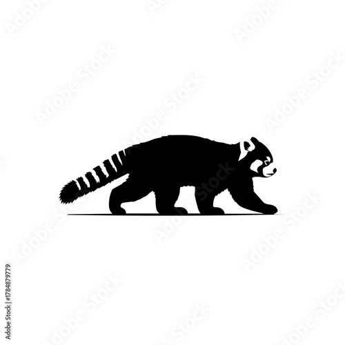 Black silhouette of a red panda walking on a white background, side view, graphic illustration.