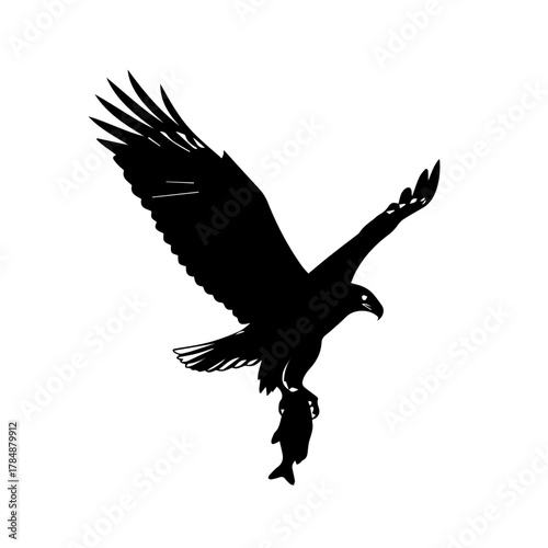 Silhouette of an eagle in flight, clutching a fish in its talons, against a white background.