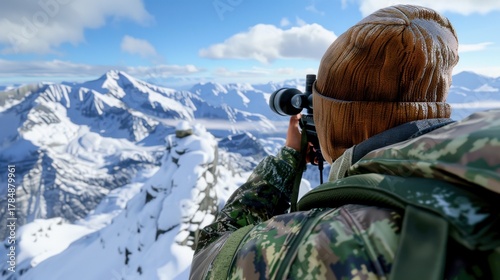 Landscape Photography in Winter Mountains with Photographer Capturing Scenic View of Snowy Peaks under Blue Sky