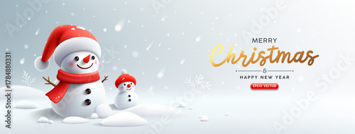 Snowman on snowstorm, merry christmas festival banner design on white snow background