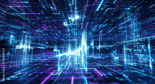 Abstract digital network grid with blue and purple light streaks