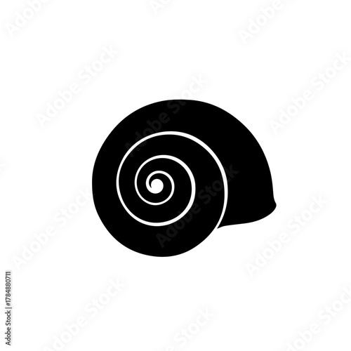 A simple black silhouette of a snail shell with a spiral pattern.