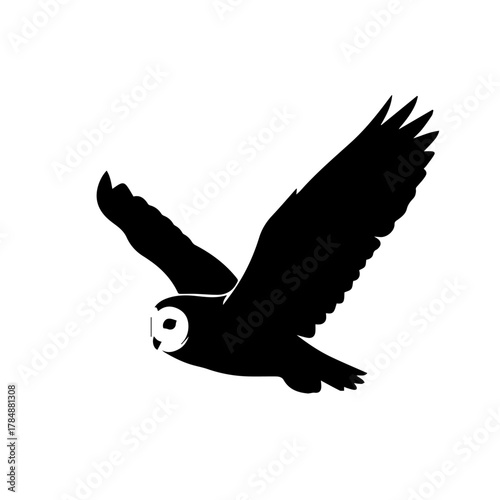 Silhouette of a flying owl with outstretched wings, captured in mid-flight against a white background.