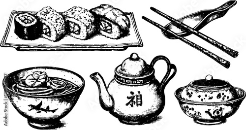 Sushi and teapot set in hand-drawn style. Black and white vector illustration showcasing traditional dining ware.