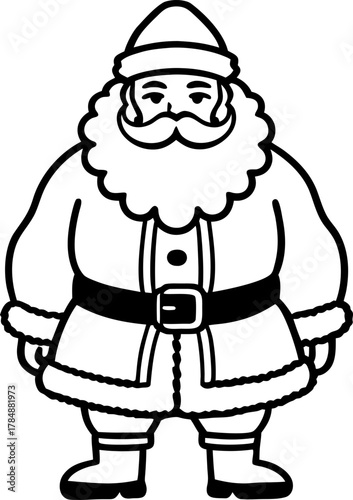 Santa Claus, depicted in a black and white vintage illustration, stands at the center. He is a Caucasian man, middle-aged, with a round build, a long white beard, and a matching mustache. He wears a t