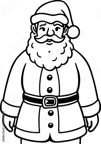 Santa Claus, depicted in a black and white vintage illustration, stands at the center. He is a Caucasian man, middle-aged, with a round build, a long white beard, and a matching mustache. He wears a t