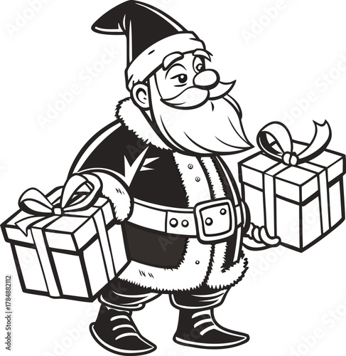 Santa Claus, depicted in a black and white vintage illustration, stands at the center. He is a Caucasian man, middle-aged, with a round build, a long white beard, and a matching mustache. He wears a t