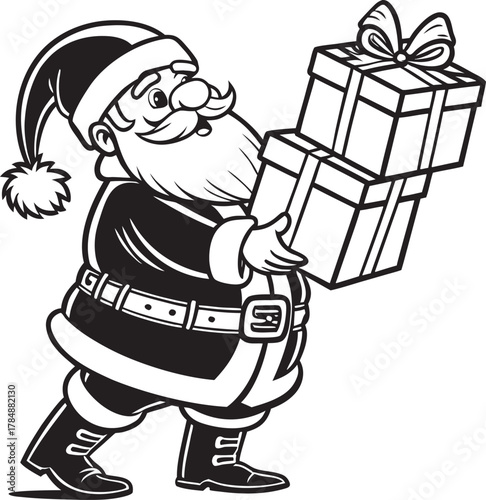 Santa Claus, depicted in a black and white vintage illustration, stands at the center. He is a Caucasian man, middle-aged, with a round build, a long white beard, and a matching mustache. He wears a t