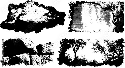 Engravings in vintage style. Black and white line drawings in a decorative vector illustration set showcase various textures and outlines.