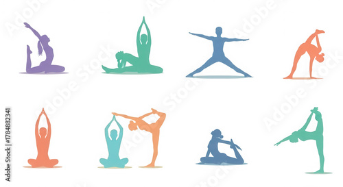 Collection of colorful yoga poses isolated on transparent background for wellness