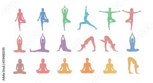 Set of colorful yoga poses isolated on transparent background for health
