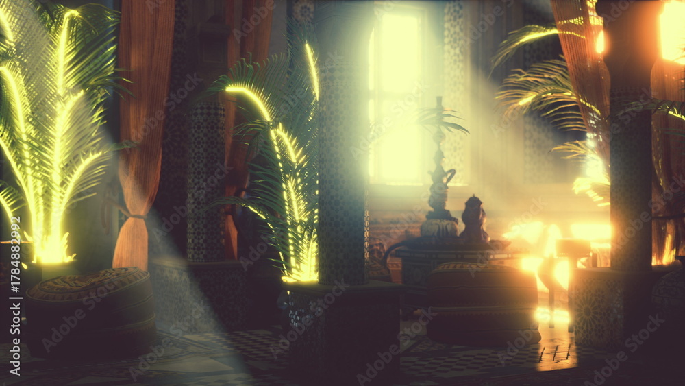 Obraz premium Sunlight streams through tall windows, illuminating lush green palms inside a cozy, peaceful room. Soft shadows play on the floor, creating a calming atmosphere where relaxation thrives.