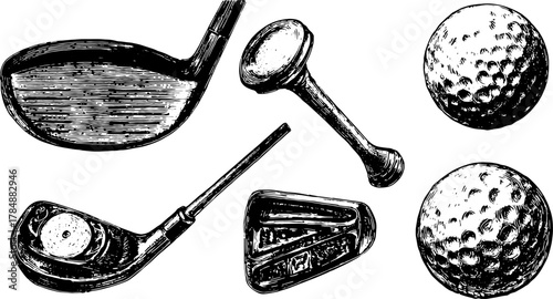Golf clubs and balls in black and white. Hand-drawn style vector illustration of golf equipment in a detailed set.