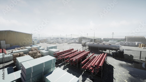 A busy construction site features piles of building materials like pipes and crates. Workers are seen organizing supplies while machinery stands ready against an overcast sky.