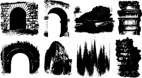 Engravings in a vintage style showcasing architectural outlines. Monochrome vector illustrations create a set of historical textures and designs.