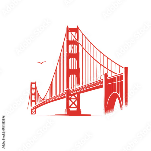 Red illustration of the Golden Gate Bridge with a bird flying