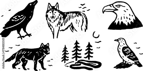 Illustration of wolves and birds in a black vector set. Simple outline designs featuring animals in a natural environment with trees and wildlife elements.